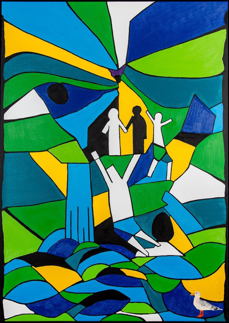 Amicizia, Freundschaft, modernes Kirchenfenster, Ölfarben auf Leinwand, graphische Kunst